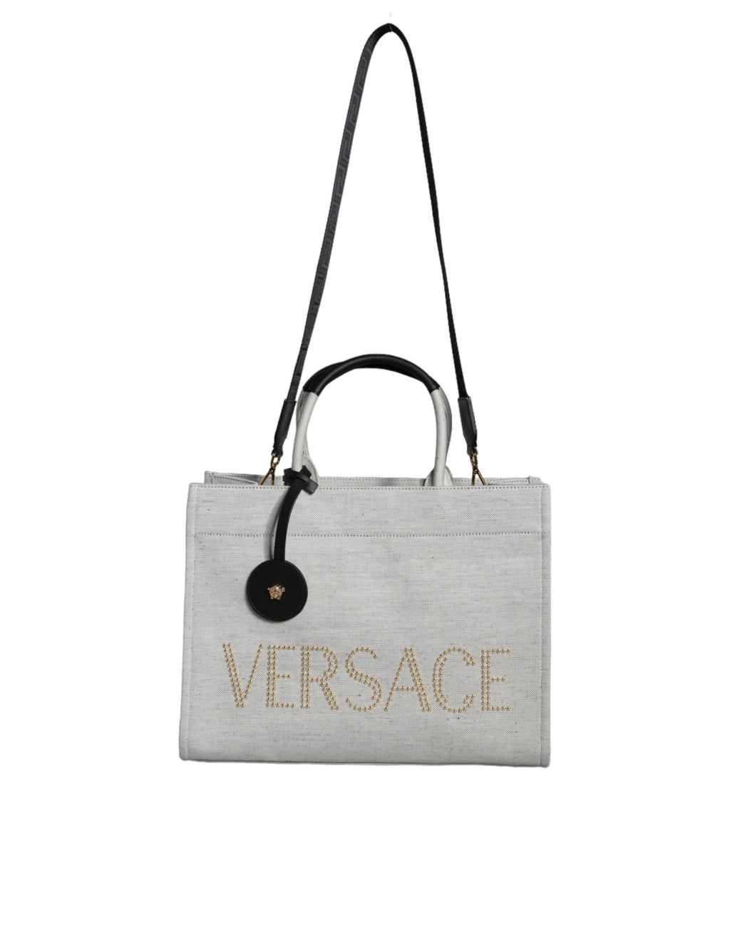 Versace hvit crossbody-veske i kanvasskinn med topphåndtak og logo