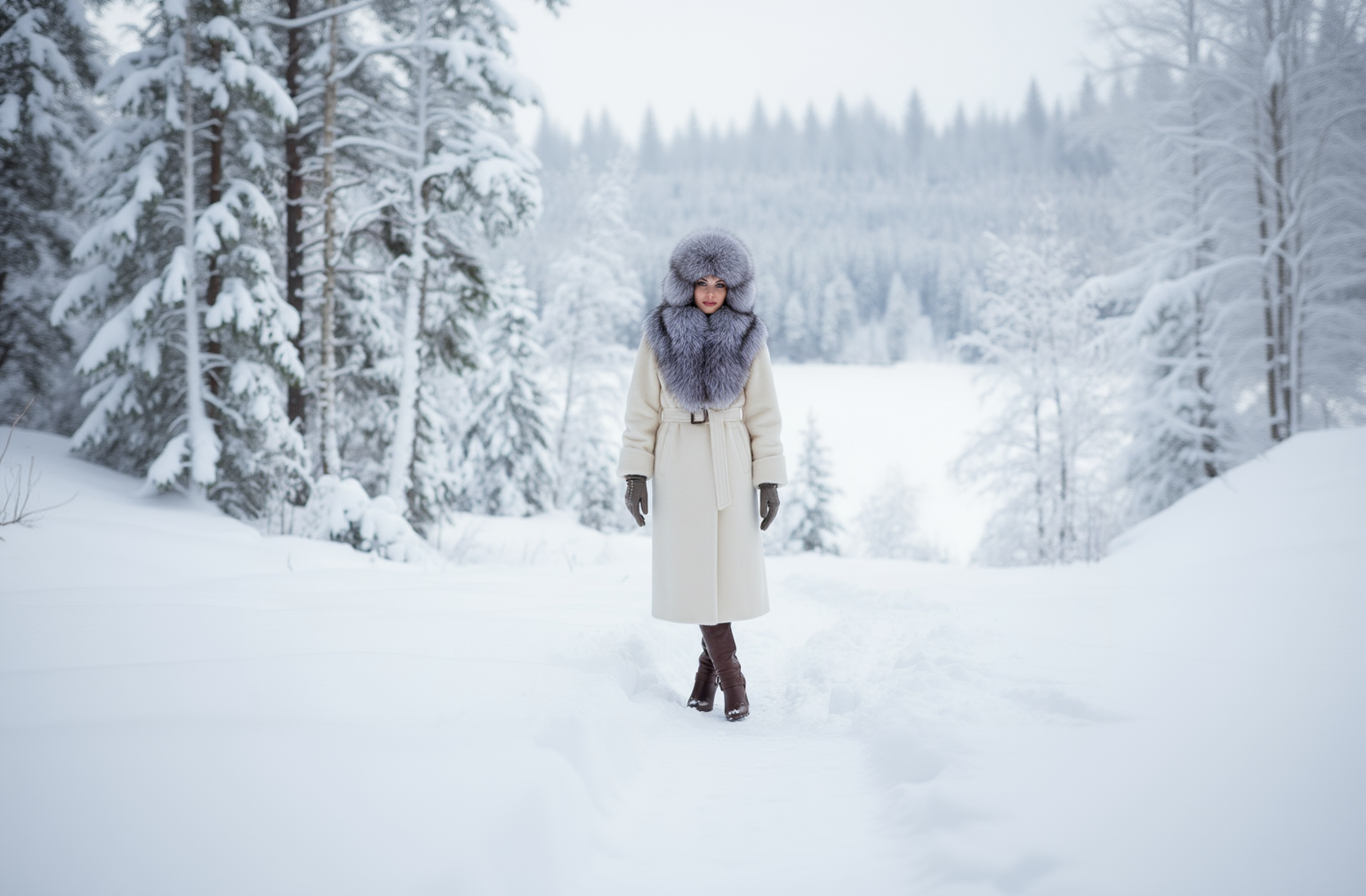 en vakker dame ute i snø kledd i luksuriøs kåpe, lue i revpels, kjerf i revpels, hansker, og skinn støvletter