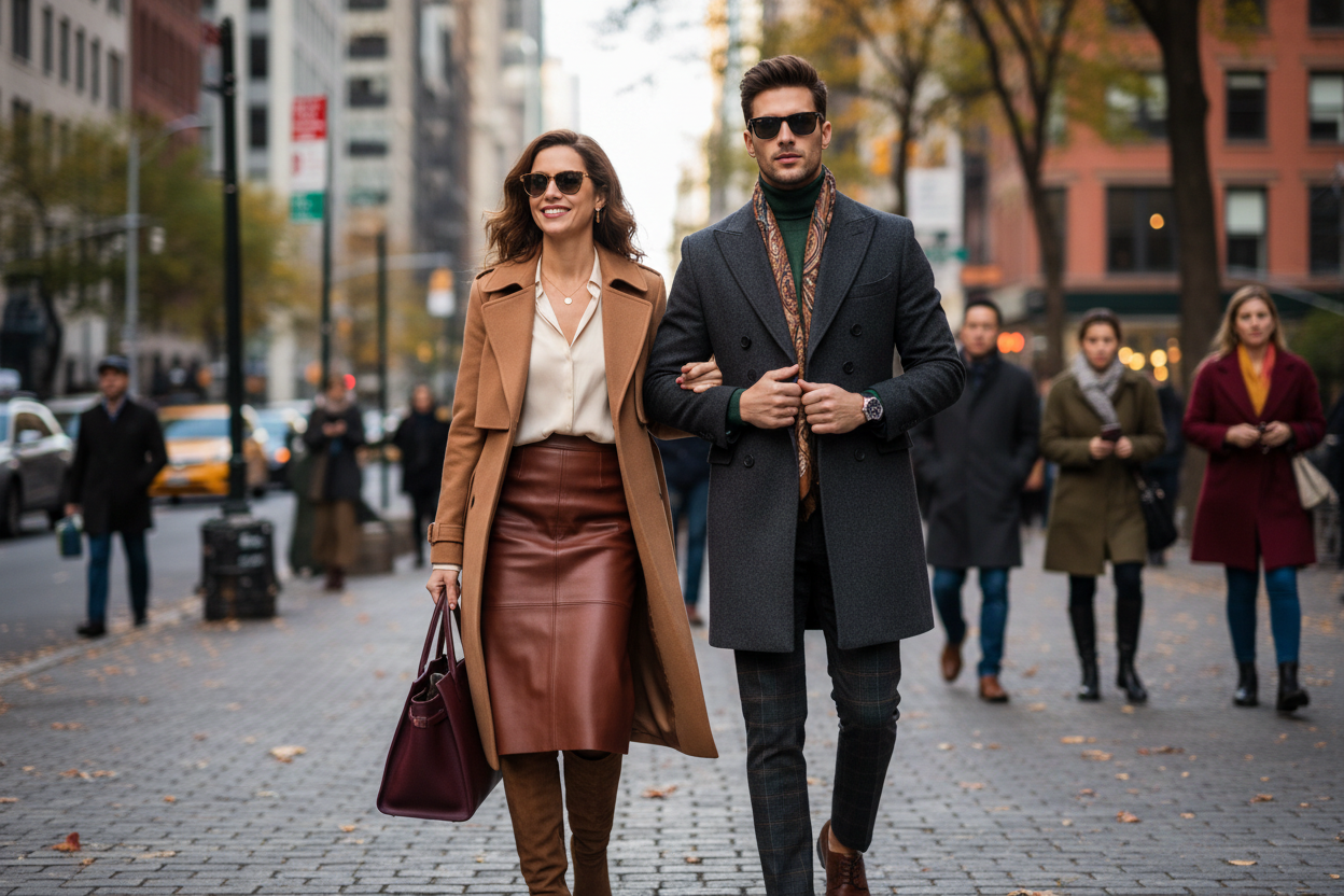 realistisk bilde av svakker dame sammen med en veldig sjekk mann ute i storby i høst klær som reklameren mote fashion